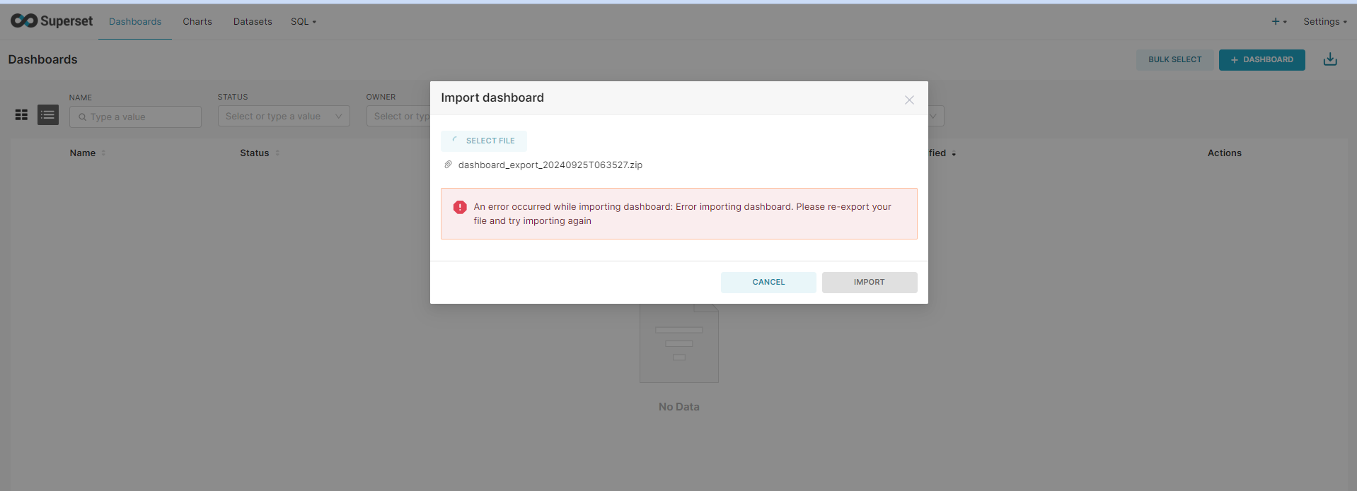 Apache Superset Dashboard Import error