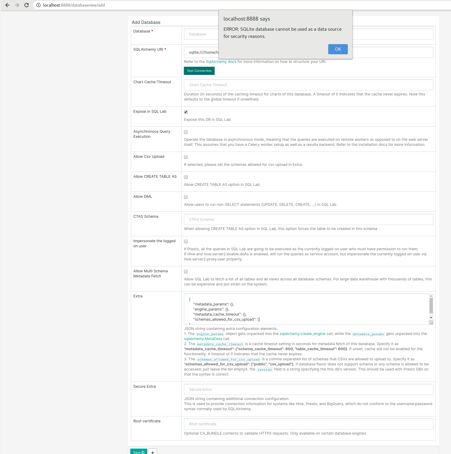 Apache Superset Unable to add a SQLite DB