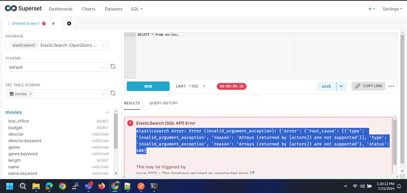 Apache Superset Elasticsearch integration with superst (Arrays are not supported)