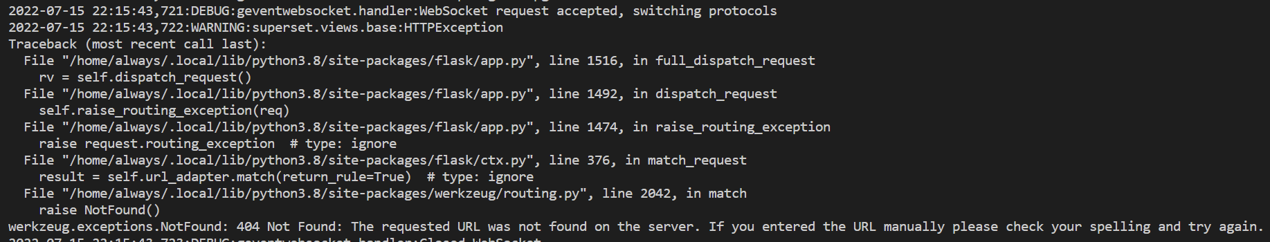 Apache Superset werkzeug.exceptions.NotFound: 404 Not Found: The requested URL was not found on the server