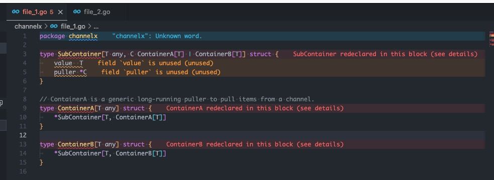 Golang go/types, types2: inconsistent behavior with recursive generic types that produces deadlock, invalid recursive, unknown field error