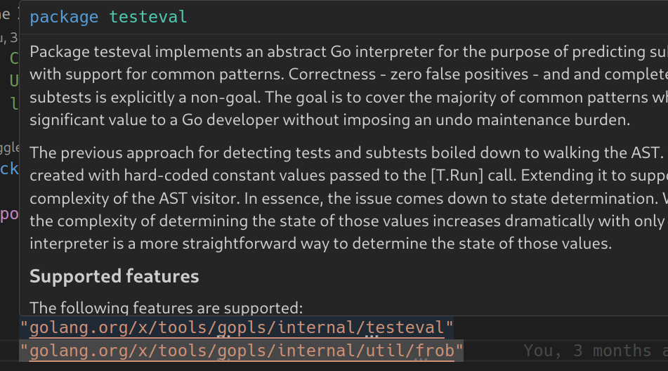 Golang x/tools/gopls: render package documentation when hovering over imported package name identifiers