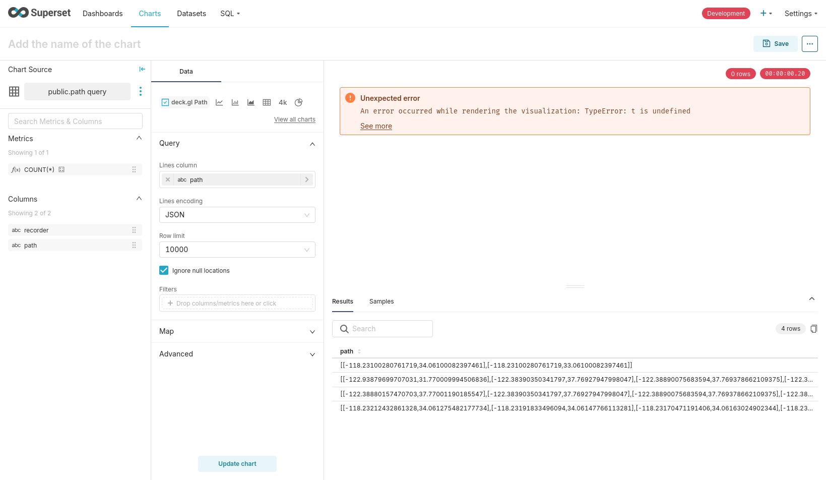 Apache Superset deck.gl Path failed to render data from database UDF output