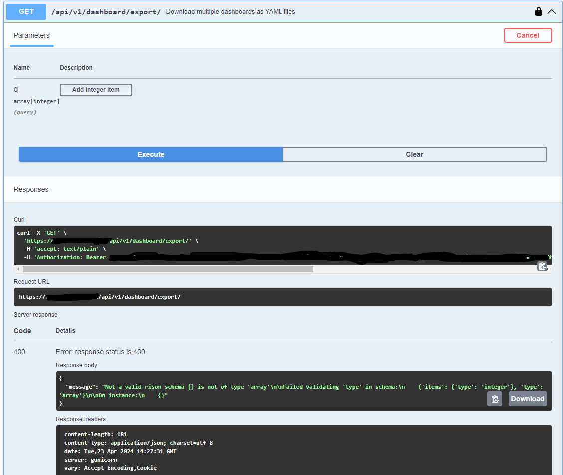 Apache Superset REST API Exports doen not work (dashboard, dataset etc)