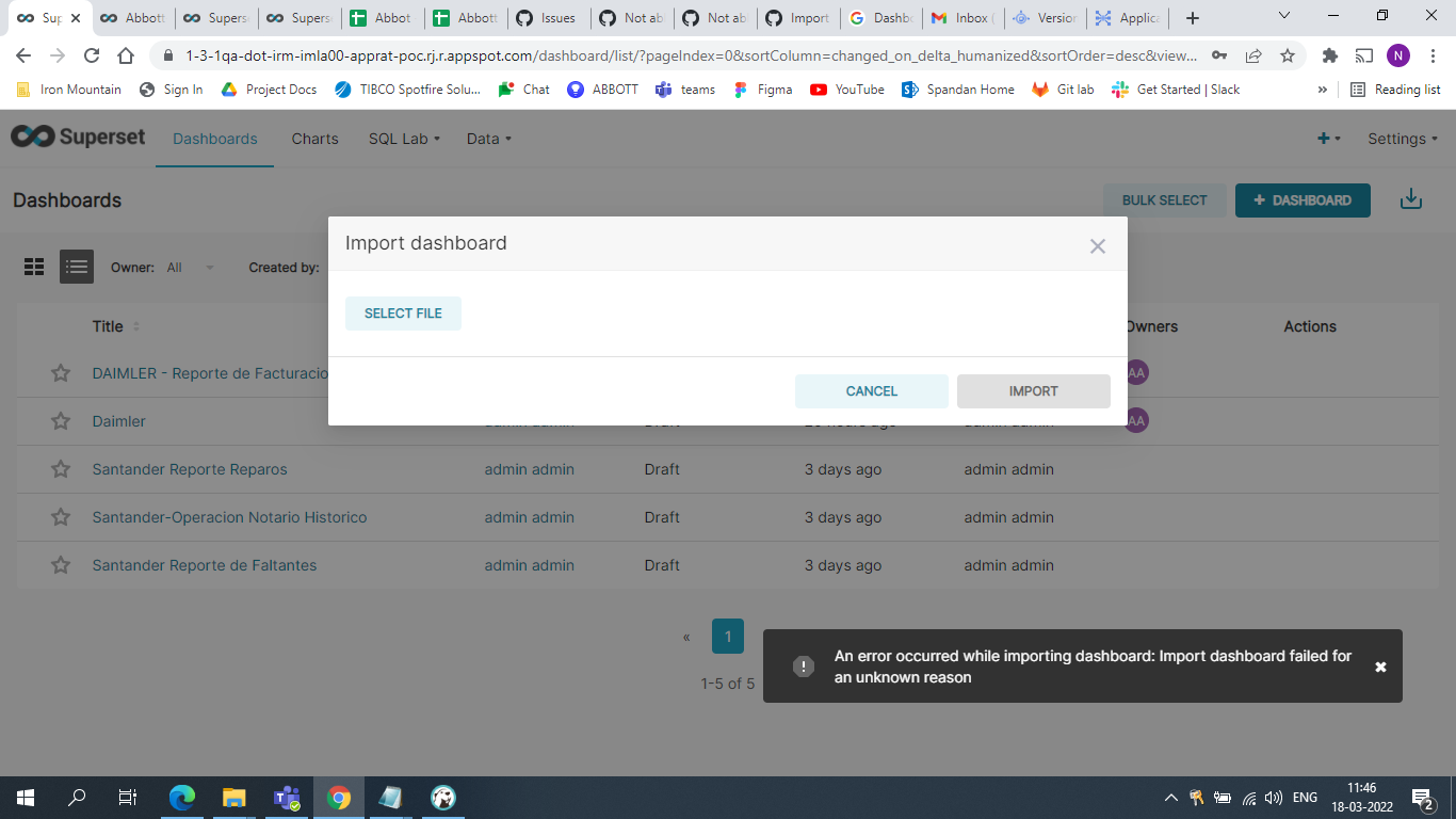 Apache Superset Import is not working: An error occurred while importing dashboard: Import dashboard failed for an unknown reason