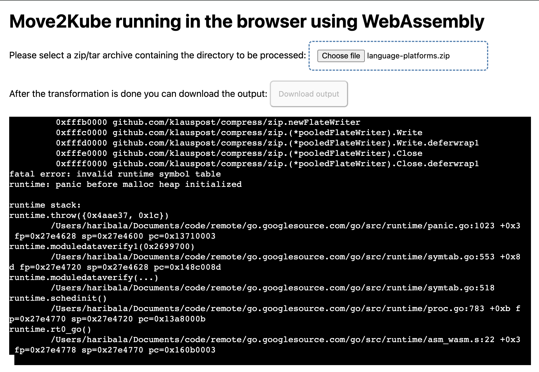 Golang cmd/link: on wasm, number of functions limited to 2^16