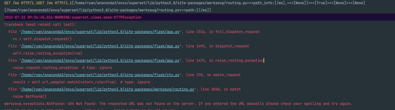 Apache Superset GET /ws HTTP/1.1 werkzeug.exceptions.NotFound: 404 Not Found: The requested URL was not found on the server.