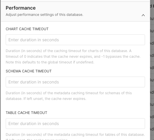 Apache Superset Database cache and table cache timeout set to 0 or -1 crashes when creating dataset