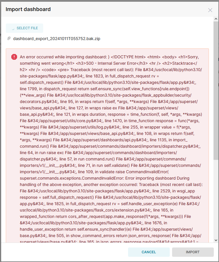Apache Superset Dashboard Import Error Shows HTML Code