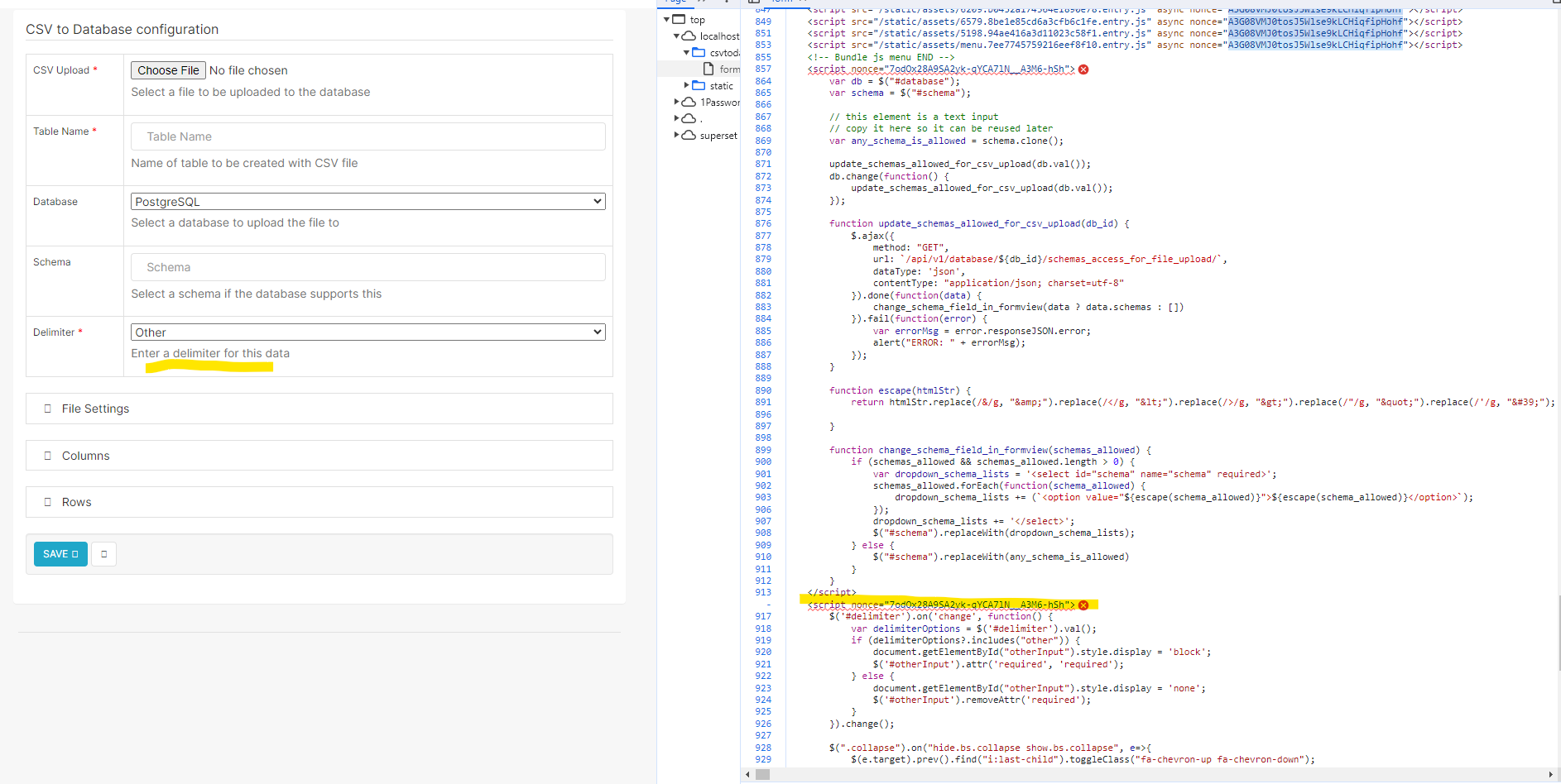 Apache Superset Custom delimiter configuration isn't loaded for CSV import
